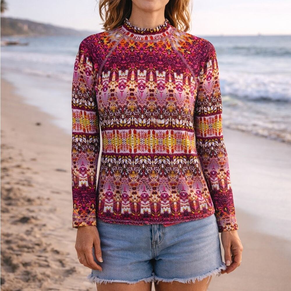 Garnet Hill Mock Neck Back Zip Art to Wear Red & Pink Rash Guard Size XL